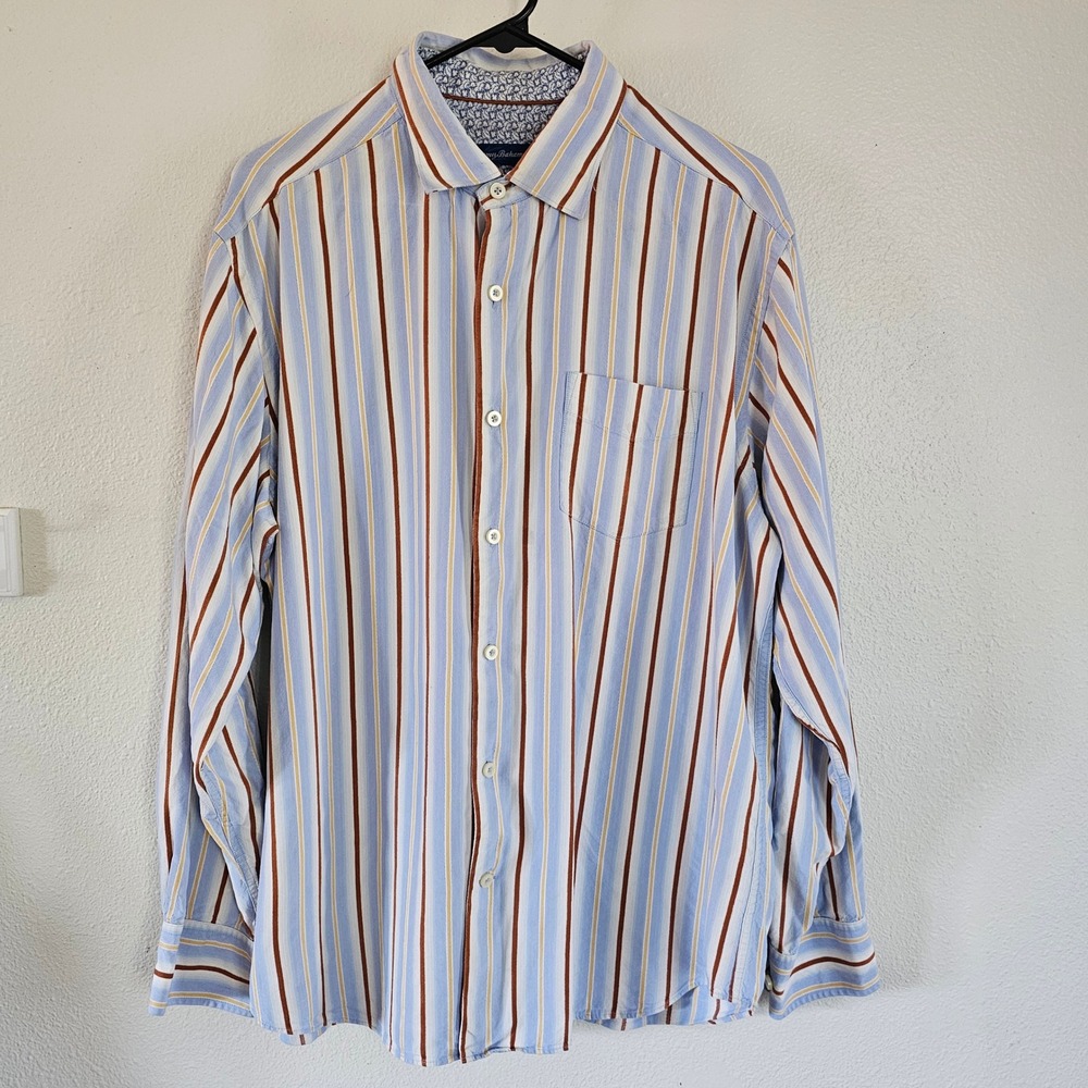 Tommy Bahama Mens Large 100% Silk Striped Long Sleeve Button Down Shirt Blue